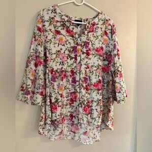 JNY floral linen blend top womens 1X pink cream 1/4 button blouse boho fairy